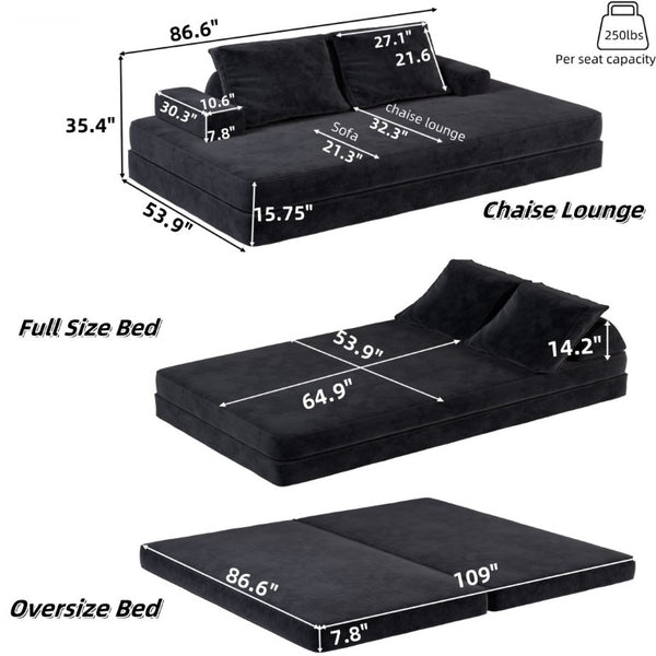 English Elm 86.6Multifunctional Chenille Convertible Sleeper Sofa Deep Seat Chaise for Living Room Dark Grey W3219P340667