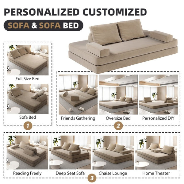 English Elm 86.6Multifunctional Chenille Convertible Sleeper Sofa Deep Seat Chaise for Living Room Camel W3219P340668