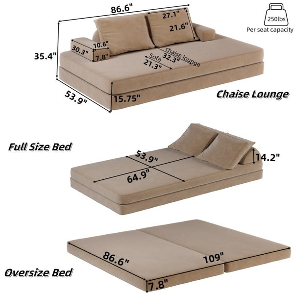 English Elm 86.6Multifunctional Chenille Convertible Sleeper Sofa Deep Seat Chaise for Living Room Camel W3219P340668