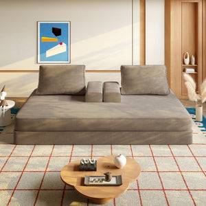 English Elm 86.6Multifunctional Chenille Convertible Sleeper Sofa Deep Seat Chaise for Living Room Camel W3219P340668