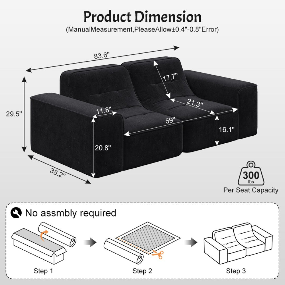 English Elm 83.6" Modular Chenille Sofa Tufted Three Seat Contemporary Design for Living Room Black W3219P365507