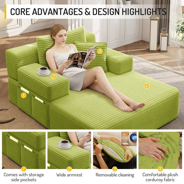 English Elm Oversized Corduroy Convertible Chaise Lounge Sleeper with Storage for Apartments W3219P496263