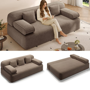 English Elm 78.7" Plush Corduroy Convertible Sofa Bed Frameless Queen Sleeper for Compact Living Spaces Camel W3219P516167