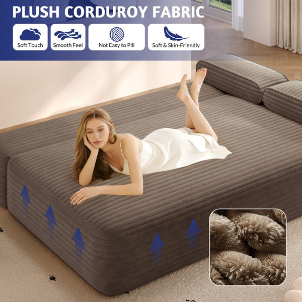 English Elm 78.7" Plush Corduroy Convertible Sofa Bed Frameless Queen Sleeper for Compact Living Spaces Camel W3219P516167