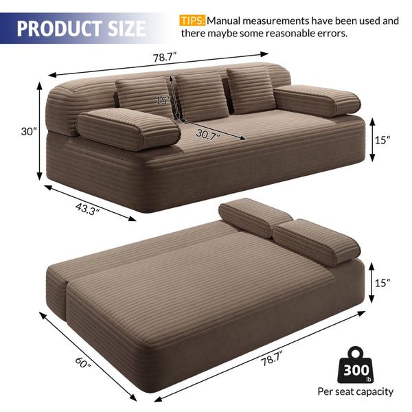 English Elm 78.7" Plush Corduroy Convertible Sofa Bed Frameless Queen Sleeper for Compact Living Spaces Camel W3219P516167