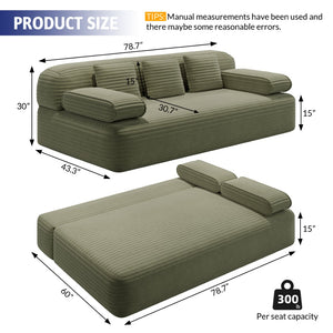 English Elm 78.7" Plush Corduroy Convertible Sofa Bed Frameless Queen Sleeper for Compact Living Spaces Green W3219P516171