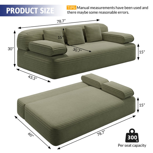 English Elm 78.7" Plush Corduroy Convertible Sofa Bed Frameless Queen Sleeper for Compact Living Spaces Green W3219P516171