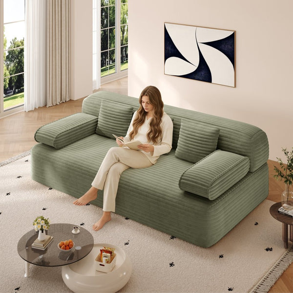 English Elm 78.7" Plush Corduroy Convertible Sofa Bed Frameless Queen Sleeper for Compact Living Spaces Green W3219P516171