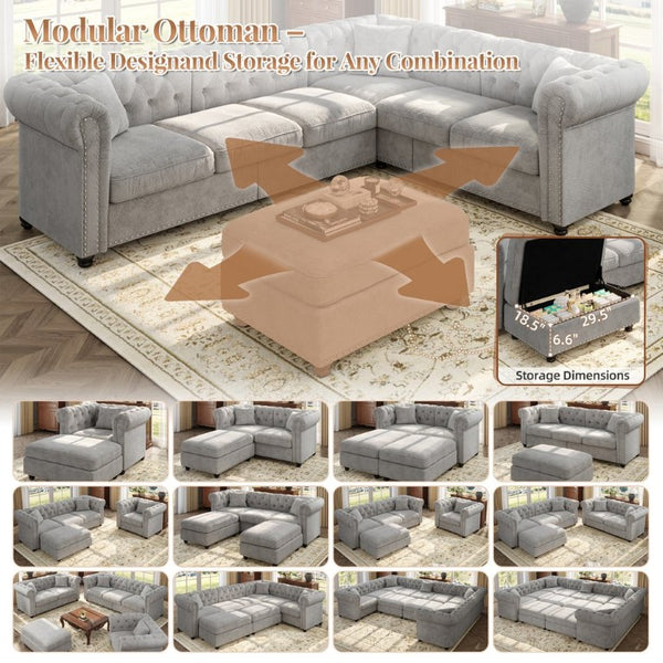 English Elm 38.5 Inch Chesterfield Chenille Sectional Sofa Nailhead Tufted Deep Seat Living Room Light Grey Without Storage Ottoman W3219P552356