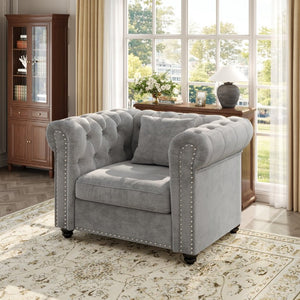 English Elm 38.5 Inch Chesterfield Chenille Sectional Sofa Nailhead Tufted Deep Seat Living Room Light Grey Without Storage Ottoman W3219P552356