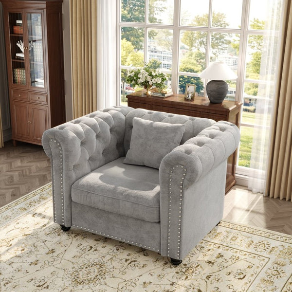 English Elm 38.5 Inch Chesterfield Chenille Sectional Sofa Nailhead Tufted Deep Seat Living Room Light Grey Without Storage Ottoman W3219P552356
