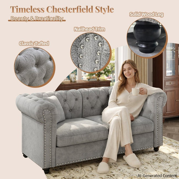 English Elm 38.5 Inch Chesterfield Chenille Sectional Sofa Nailhead Tufted Deep Seat Living Room Light Grey Without Storage Ottoman W3219P552356