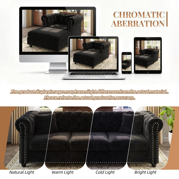 English Elm 38.5 Inch Chesterfield Chenille Sectional Sofa Nailhead Tufted Deep Seat Living Room Black Without Storage Ottoman W3219P552357