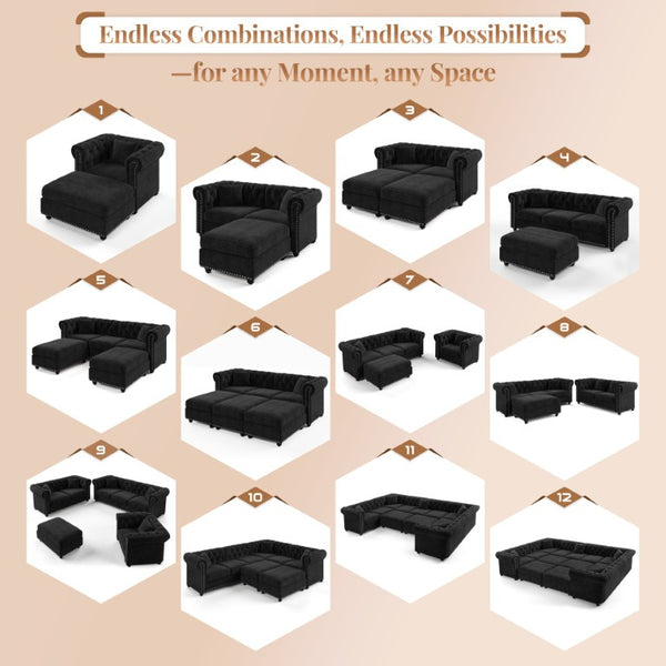 English Elm 38.5 Inch Chesterfield Chenille Sectional Sofa Nailhead Tufted Deep Seat Living Room Black Without Storage Ottoman W3219P552357