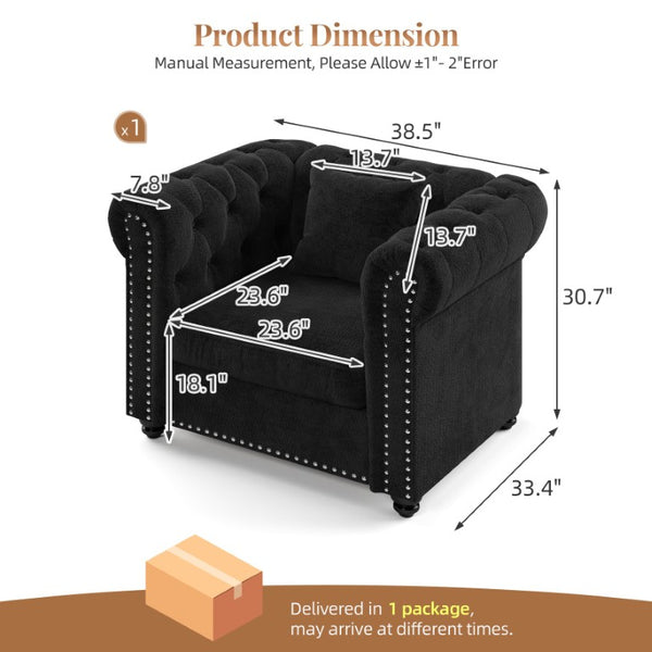 English Elm 38.5 Inch Chesterfield Chenille Sectional Sofa Nailhead Tufted Deep Seat Living Room Black Without Storage Ottoman W3219P552357