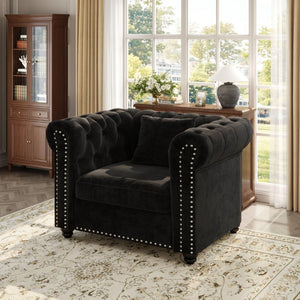 English Elm 38.5 Inch Chesterfield Chenille Sectional Sofa Nailhead Tufted Deep Seat Living Room Black Without Storage Ottoman W3219P552357