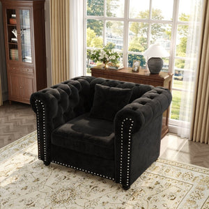 English Elm 38.5 Inch Chesterfield Chenille Sectional Sofa Nailhead Tufted Deep Seat Living Room Black Without Storage Ottoman W3219P552357
