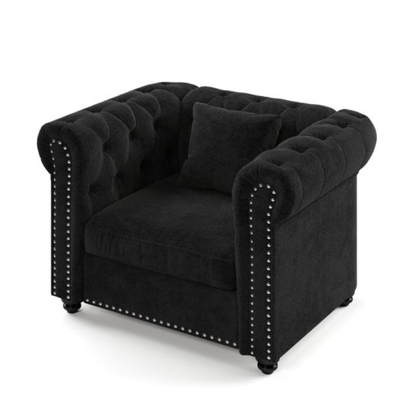 English Elm 38.5 Inch Chesterfield Chenille Sectional Sofa Nailhead Tufted Deep Seat Living Room Black Without Storage Ottoman W3219P552357