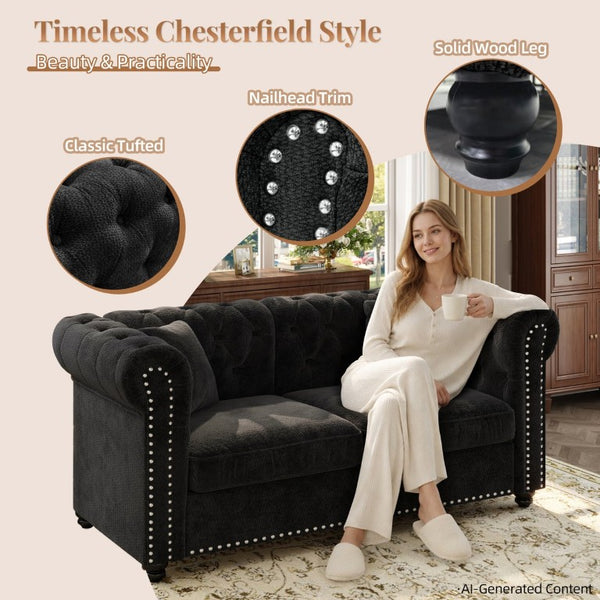 English Elm 38.5 Inch Chesterfield Chenille Sectional Sofa Nailhead Tufted Deep Seat Living Room Black Without Storage Ottoman W3219P552357