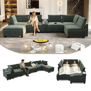 English Elm 121.2" Modular Cloud Sectional Chenille Sofa with Ottoman Sleeper and Smart Console Green W3219S00016