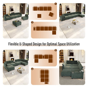 English Elm 121.2" Modular Cloud Sectional Chenille Sofa with Ottoman Sleeper and Smart Console Green W3219S00016