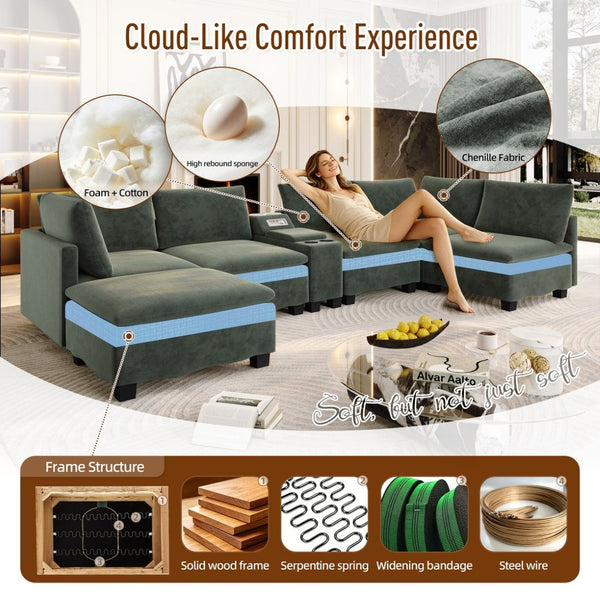 English Elm 121.2" Modular Cloud Sectional Chenille Sofa with Ottoman Sleeper and Smart Console Green W3219S00016