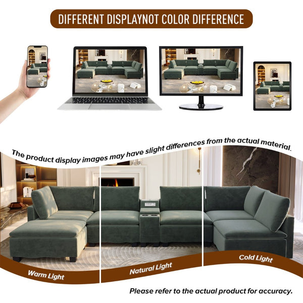 English Elm 121.2" Modular Cloud Sectional Chenille Sofa with Ottoman Sleeper and Smart Console Green W3219S00016