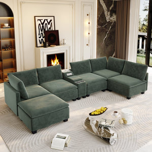 English Elm 121.2" Modular Cloud Sectional Chenille Sofa with Ottoman Sleeper and Smart Console Green W3219S00016