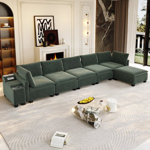 English Elm 121.2" Modular Cloud Sectional Chenille Sofa with Ottoman Sleeper and Smart Console Green W3219S00016