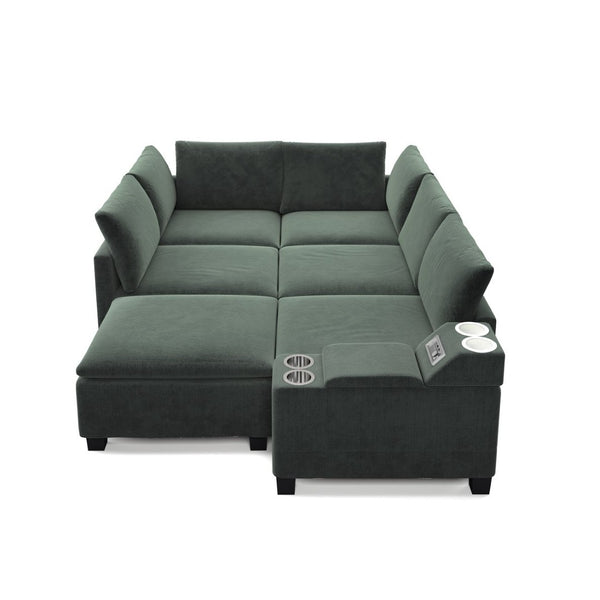 English Elm 121.2" Modular Cloud Sectional Chenille Sofa with Ottoman Sleeper and Smart Console Green W3219S00016