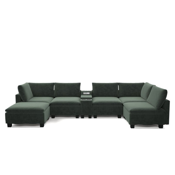 English Elm 121.2" Modular Cloud Sectional Chenille Sofa with Ottoman Sleeper and Smart Console Green W3219S00016