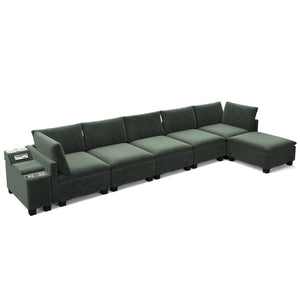 English Elm 121.2" Modular Cloud Sectional Chenille Sofa with Ottoman Sleeper and Smart Console Green W3219S00016