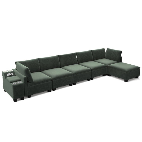 English Elm 121.2" Modular Cloud Sectional Chenille Sofa with Ottoman Sleeper and Smart Console Green W3219S00016