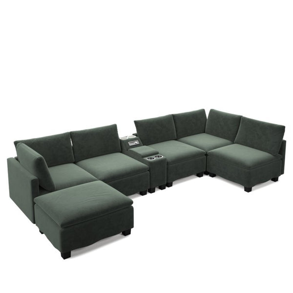 English Elm 121.2" Modular Cloud Sectional Chenille Sofa with Ottoman Sleeper and Smart Console Green W3219S00016
