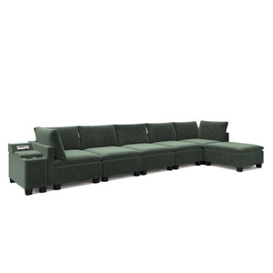 English Elm 121.2" Modular Cloud Sectional Chenille Sofa with Ottoman Sleeper and Smart Console Green W3219S00016
