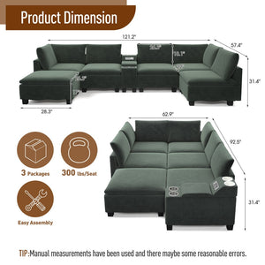 English Elm 121.2" Modular Cloud Sectional Chenille Sofa with Ottoman Sleeper and Smart Console Green W3219S00016