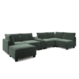 English Elm 121.2" Modular Cloud Sectional Chenille Sofa with Ottoman Sleeper and Smart Console Green W3219S00016