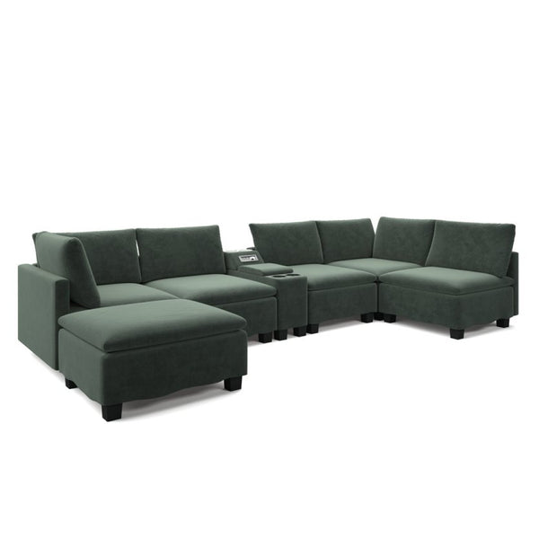 English Elm 121.2" Modular Cloud Sectional Chenille Sofa with Ottoman Sleeper and Smart Console Green W3219S00016