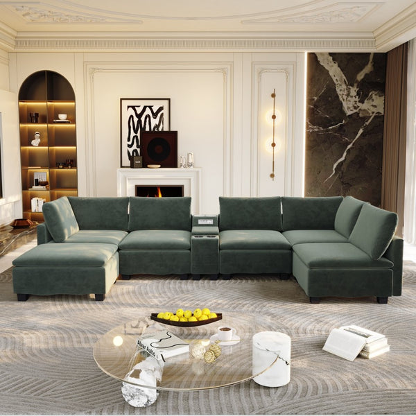 English Elm 121.2" Modular Cloud Sectional Chenille Sofa with Ottoman Sleeper and Smart Console Green W3219S00016