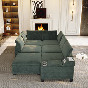 English Elm 121.2" Modular Cloud Sectional Chenille Sofa with Ottoman Sleeper and Smart Console Green W3219S00016