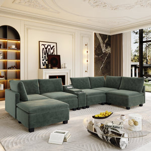 English Elm 121.2" Modular Cloud Sectional Chenille Sofa with Ottoman Sleeper and Smart Console Green W3219S00016
