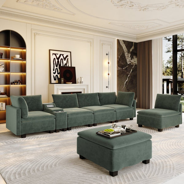 English Elm 121.2" Modular Cloud Sectional Chenille Sofa with Ottoman Sleeper and Smart Console Green W3219S00016