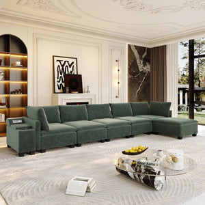English Elm 121.2" Modular Cloud Sectional Chenille Sofa with Ottoman Sleeper and Smart Console Green W3219S00016