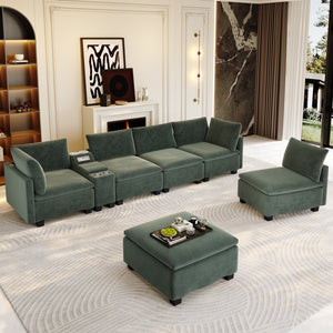 English Elm 121.2" Modular Cloud Sectional Chenille Sofa with Ottoman Sleeper and Smart Console Green W3219S00016