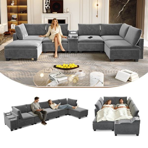 English Elm 121.2" Modular Cloud Sectional Chenille Sofa with Ottoman Sleeper and Smart Console Grey W3219S00017