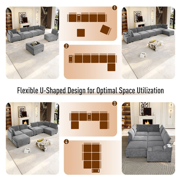 English Elm 121.2" Modular Cloud Sectional Chenille Sofa with Ottoman Sleeper and Smart Console Grey W3219S00017