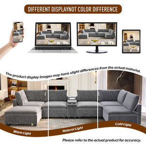 English Elm 121.2" Modular Cloud Sectional Chenille Sofa with Ottoman Sleeper and Smart Console Grey W3219S00017