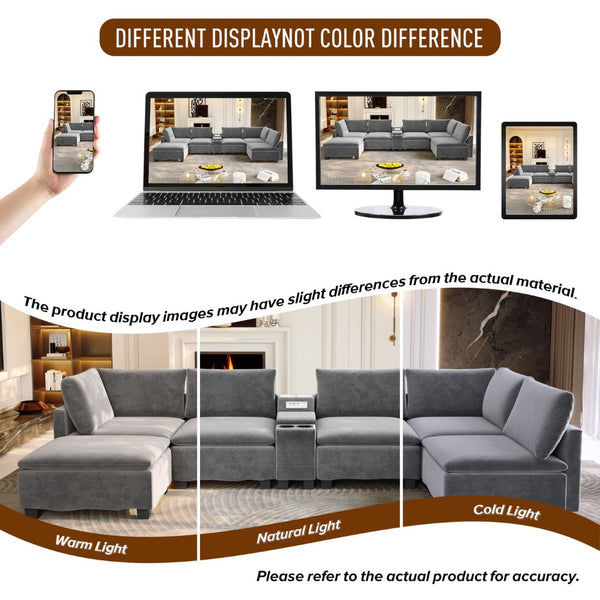 English Elm 121.2" Modular Cloud Sectional Chenille Sofa with Ottoman Sleeper and Smart Console Grey W3219S00017