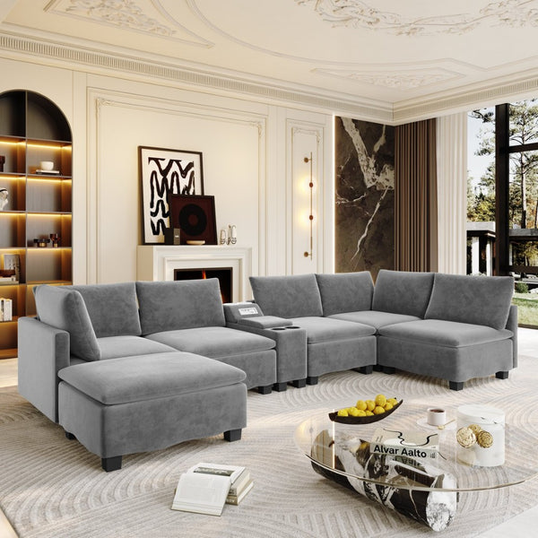 English Elm 121.2" Modular Cloud Sectional Chenille Sofa with Ottoman Sleeper and Smart Console Grey W3219S00017