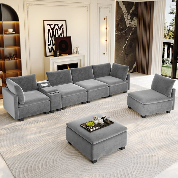 English Elm 121.2" Modular Cloud Sectional Chenille Sofa with Ottoman Sleeper and Smart Console Grey W3219S00017